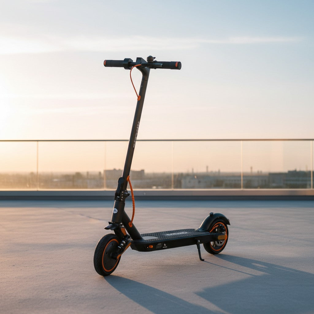 Rally Black electric scooter parked on a rooftop terrace at sunrise, with a glass railing and soft pastel sky in the background.