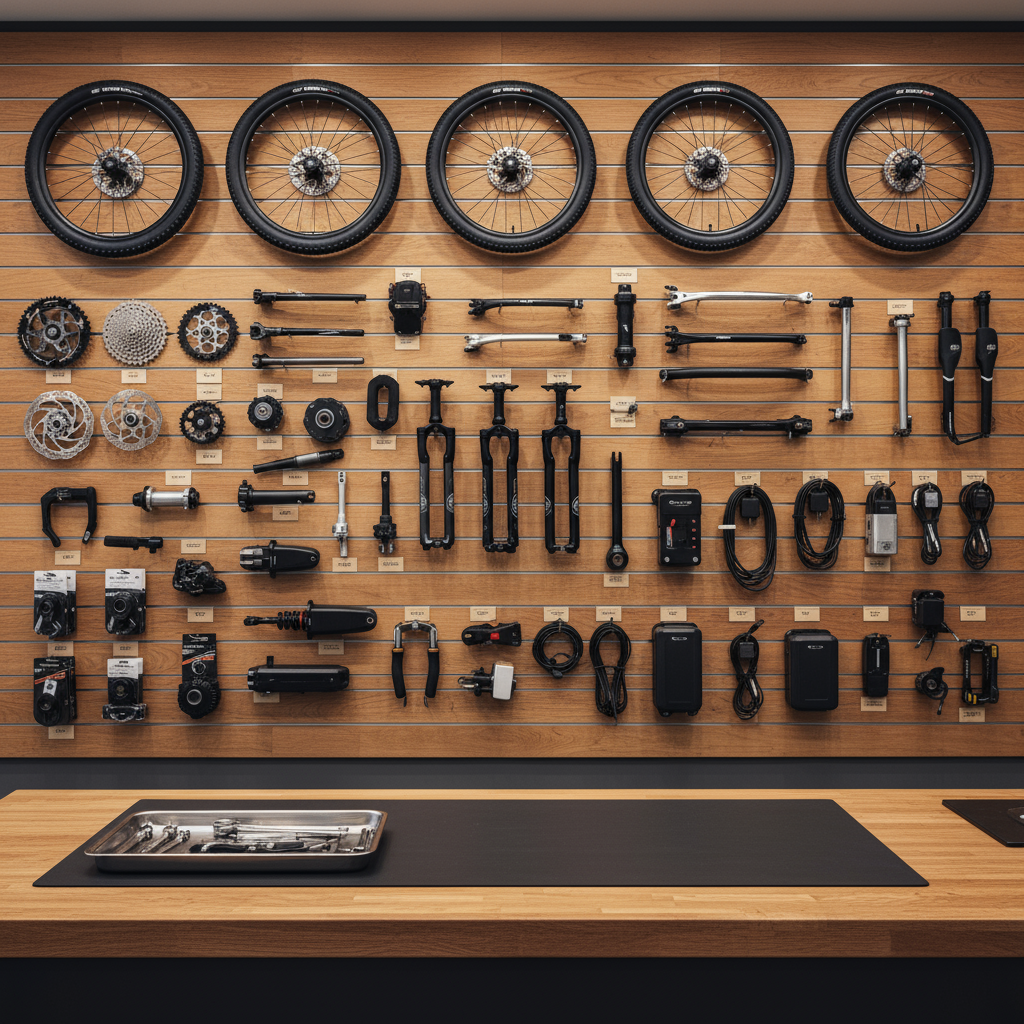 Organized display wall of bicycle, e-bike and scooter spare parts with wheels, suspension and motors above a clean workshop counter and tools.