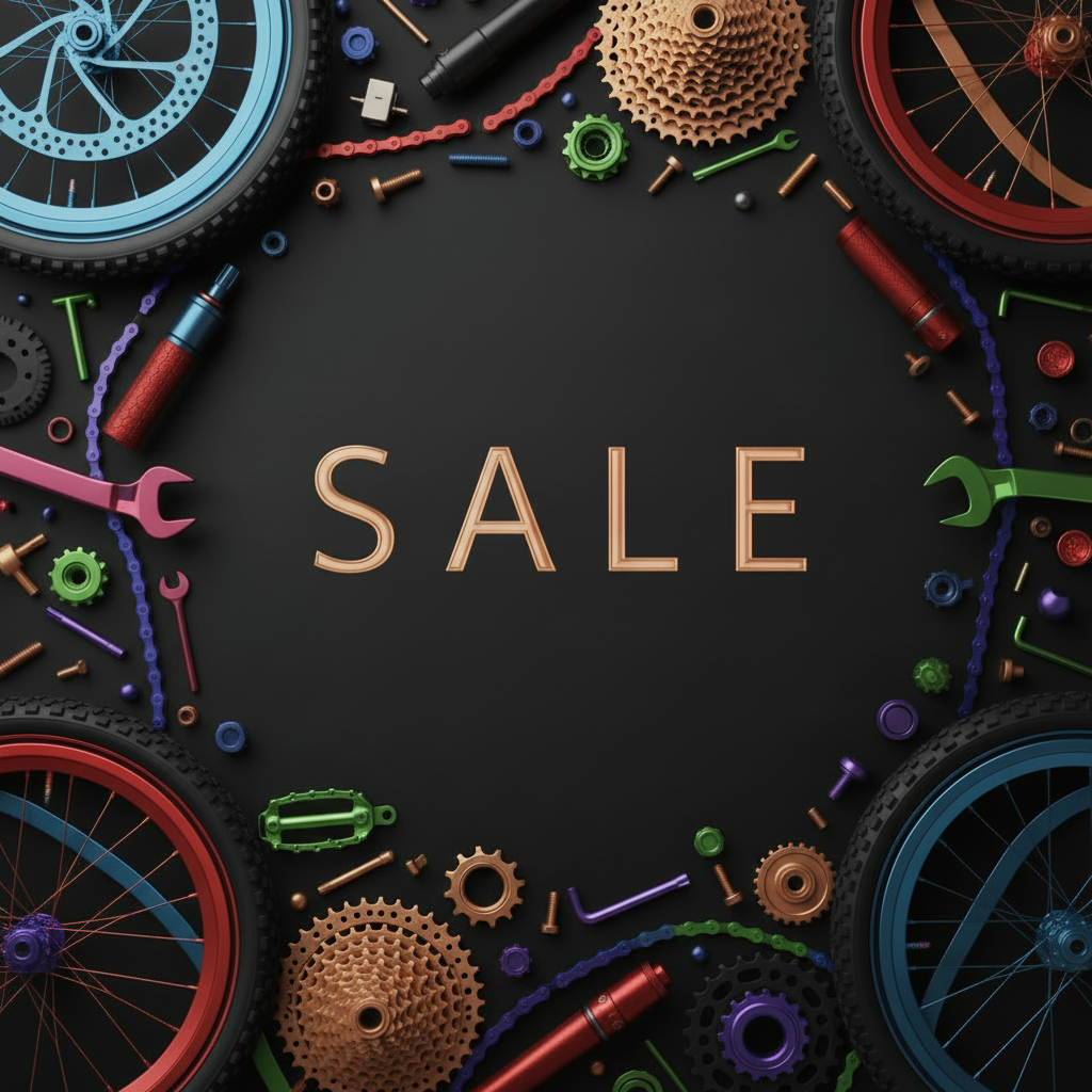 Sale banner showing the word ‘SALE’ framed by colorful bicycle wheels, cassettes, chains and tools on a dark background.