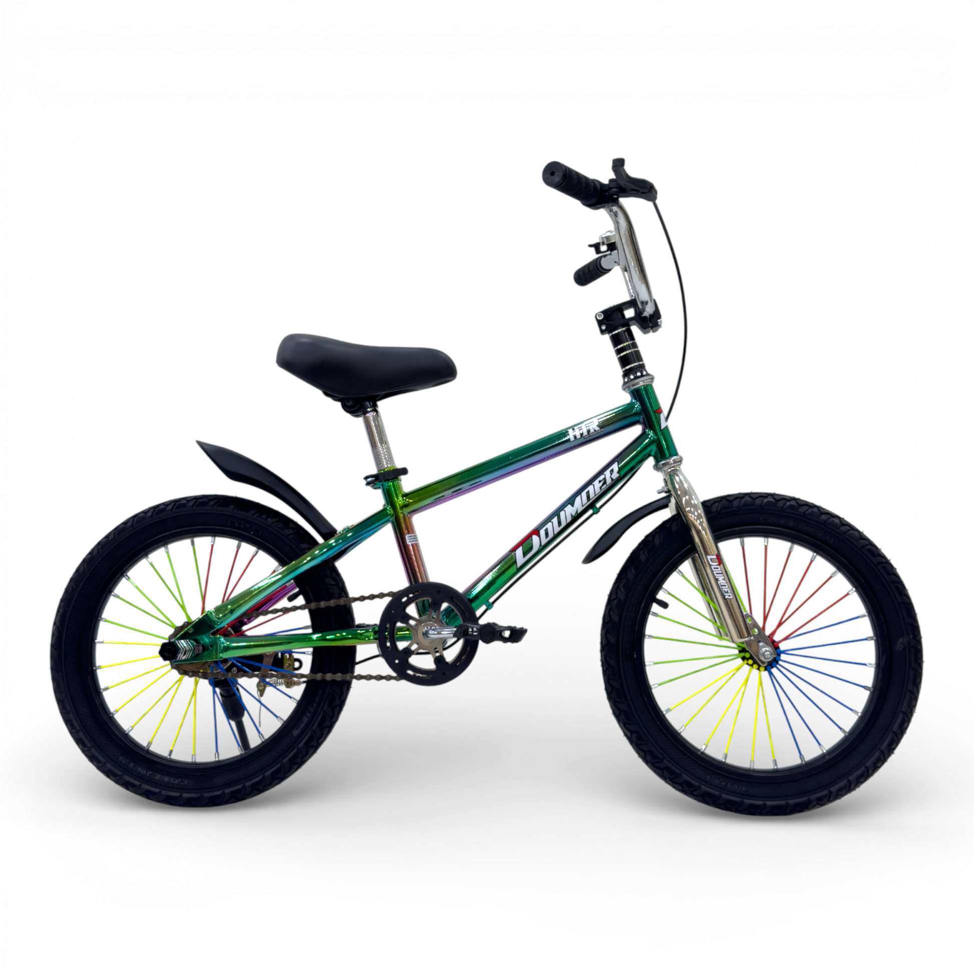 Children's bicycle with a green frame on a white background
