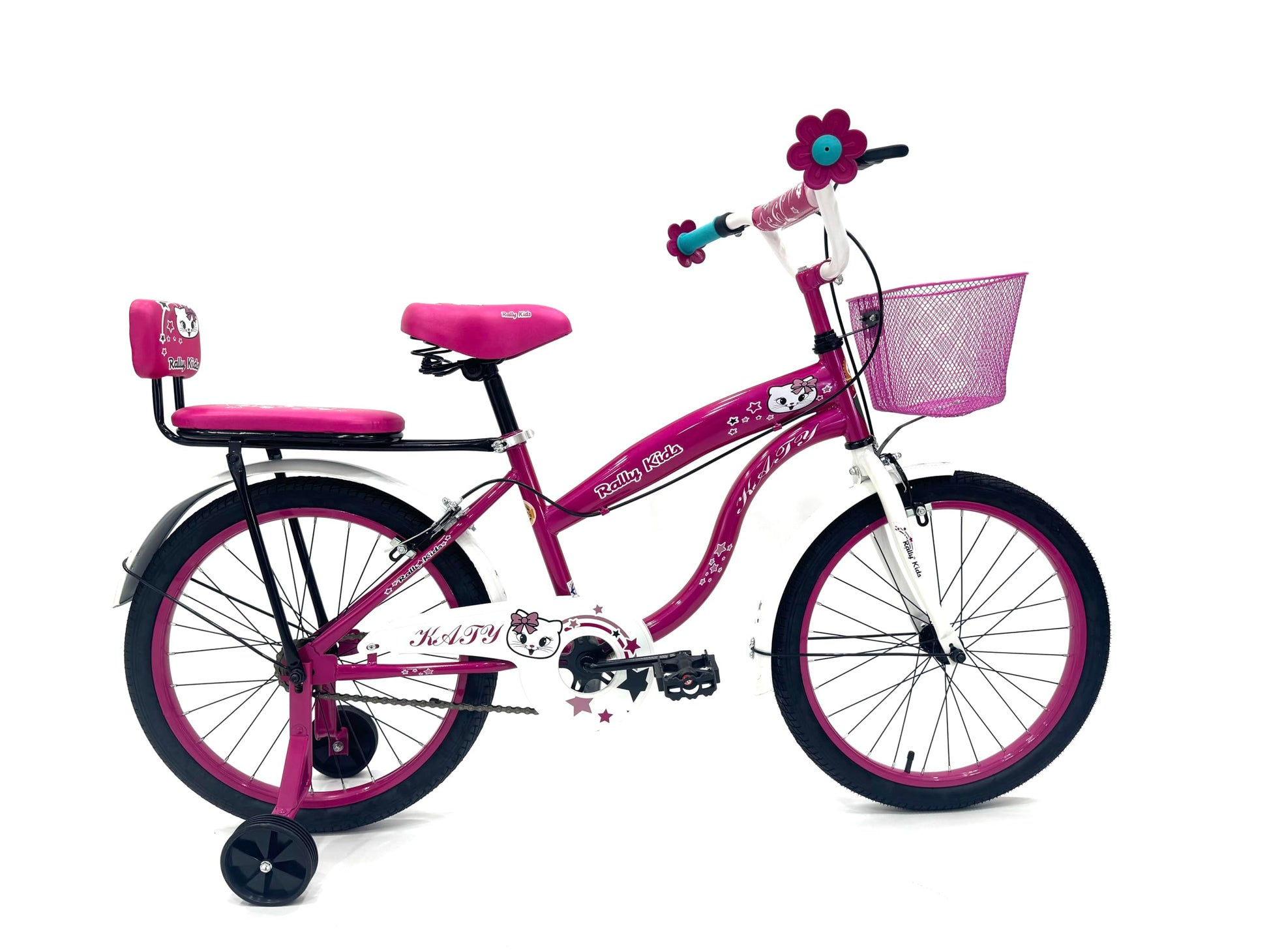 RALLY BICYCLE, Kids bike for girls, for 6-10 years old with training wheels, Chain cover, Basket, Rear seat