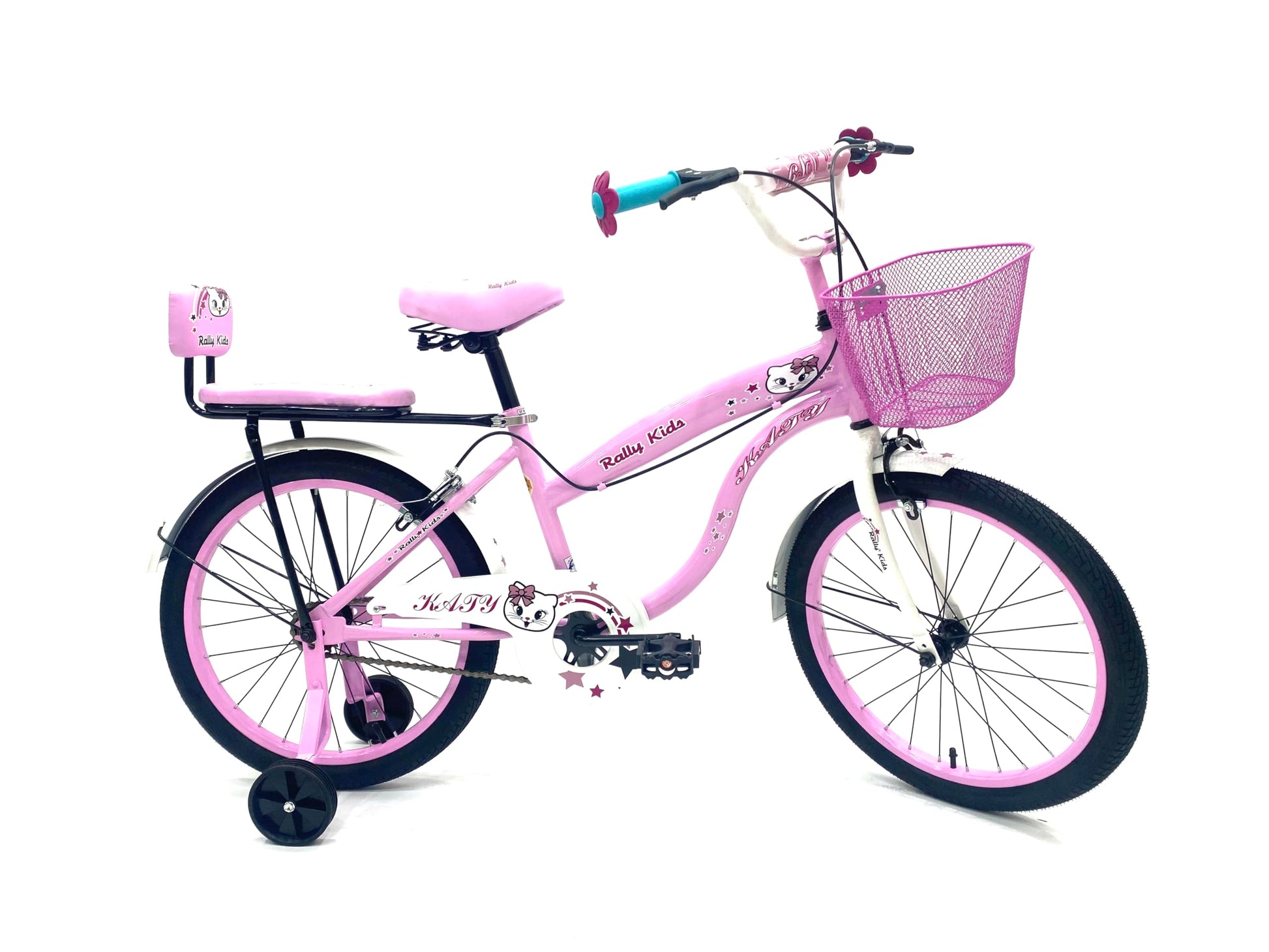RALLY BICYCLE, Kids bike for girls, for 6-10 years old with training wheels, Chain cover, Basket, Rear seat