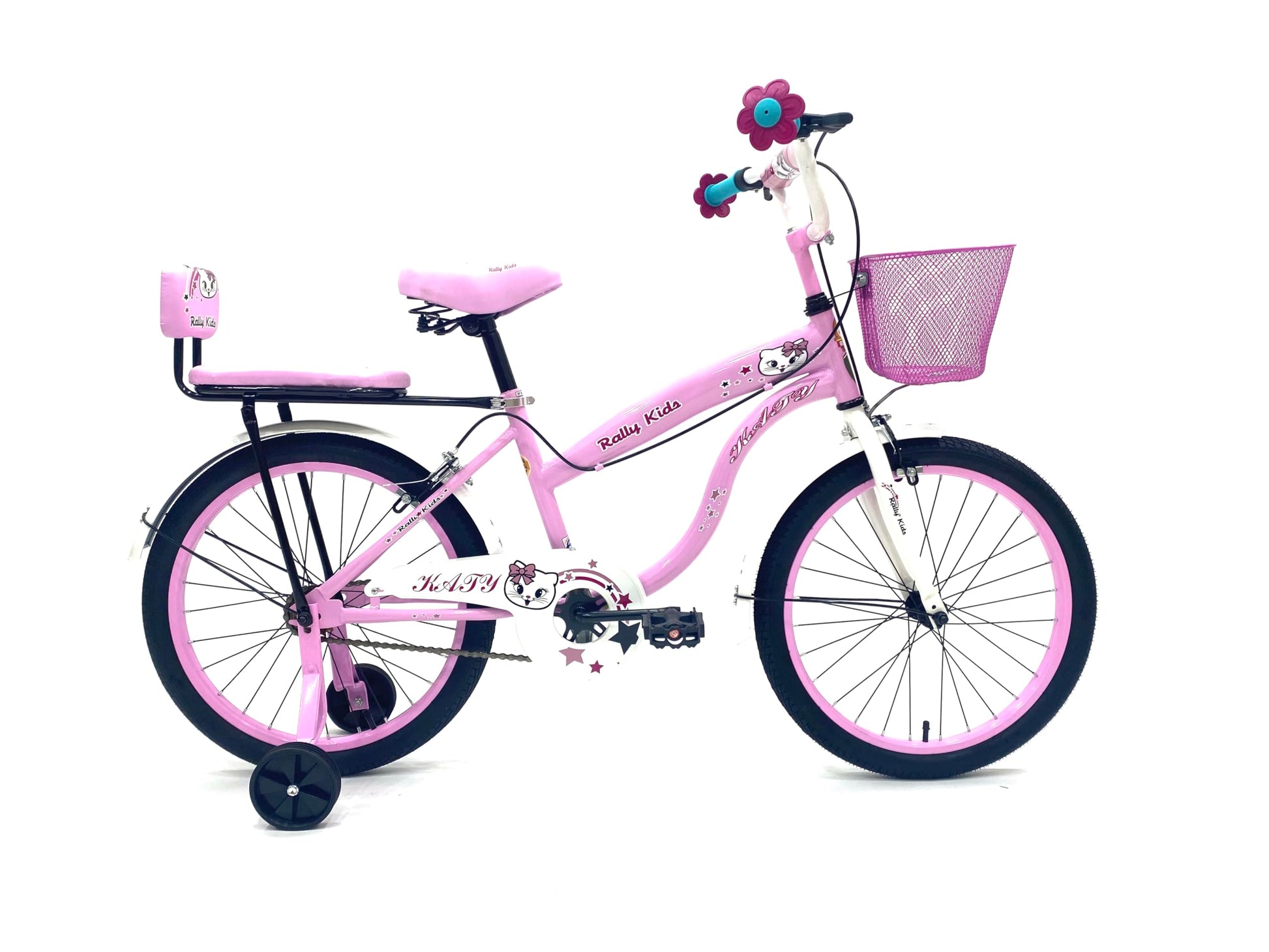 RALLY BICYCLE, Kids bike for girls, for 6-10 years old with training wheels, Chain cover, Basket, Rear seat