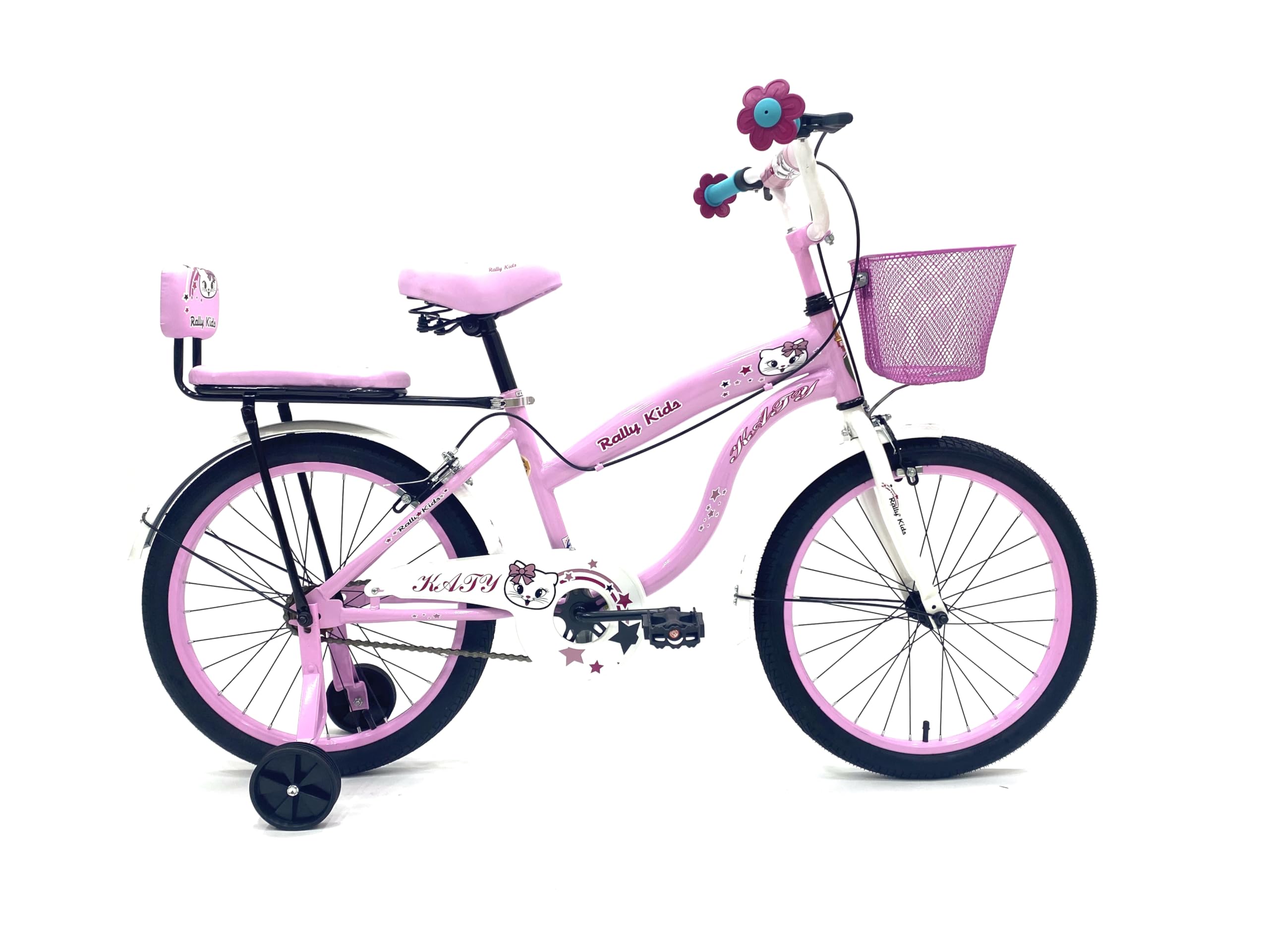 RALLY BICYCLE, Kids bike for girls, for 6-10 years old with training wheels, Chain cover, Basket, Rear seat