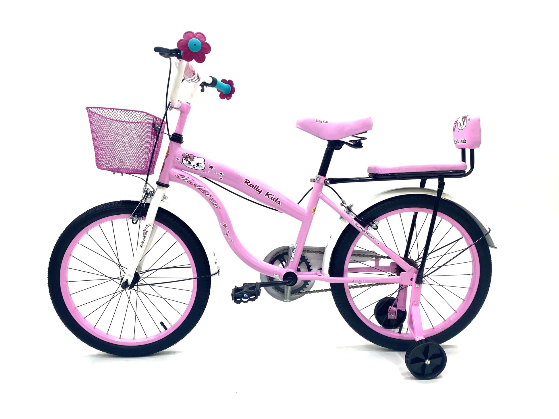 RALLY BICYCLE, Kids bike for girls, for 6-10 years old with training wheels, Chain cover, Basket, Rear seat