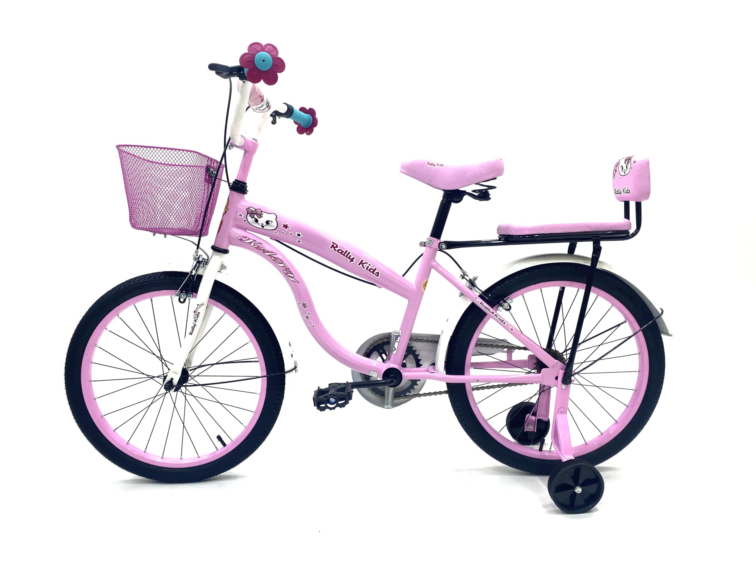 RALLY BICYCLE, Kids bike for girls, for 6-10 years old with training wheels, Chain cover, Basket, Rear seat