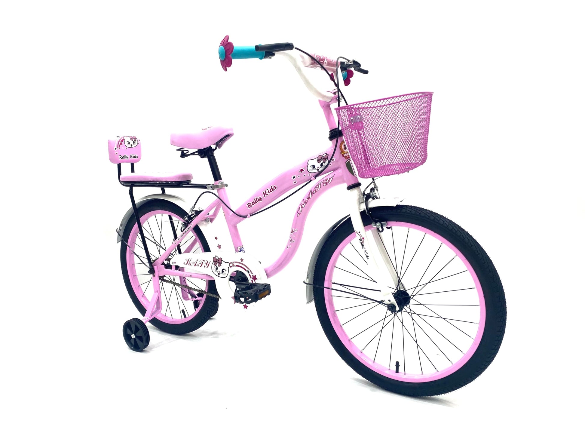RALLY BICYCLE, Kids bike for girls, for 6-10 years old with training wheels, Chain cover, Basket, Rear seat