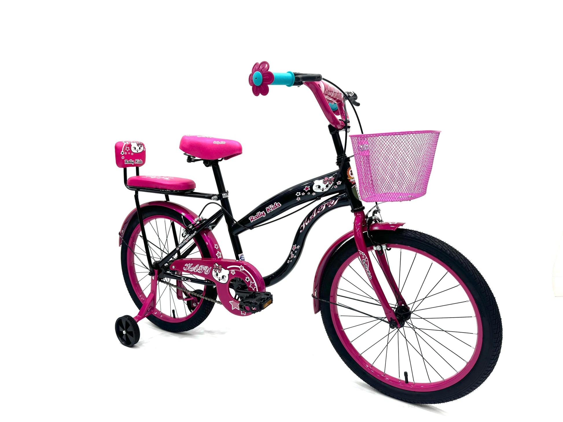 RALLY BICYCLE, Kids bike for girls, for 6-10 years old with training wheels, Chain cover, Basket, Rear seat