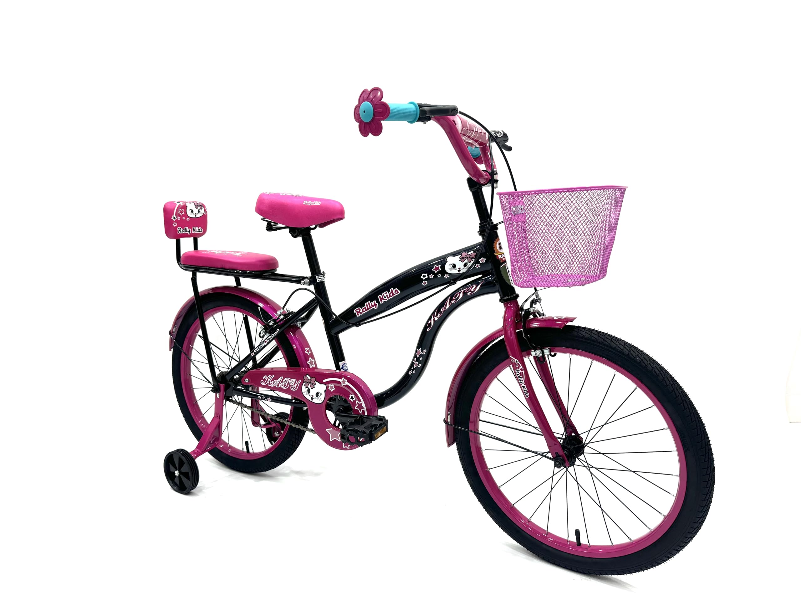 RALLY BICYCLE, Kids bike for girls, for 6-10 years old with training wheels, Chain cover, Basket, Rear seat