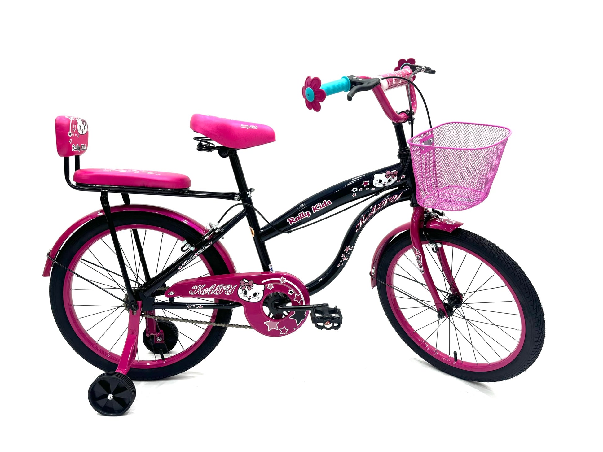 RALLY BICYCLE, Kids bike for girls, for 6-10 years old with training wheels, Chain cover, Basket, Rear seat