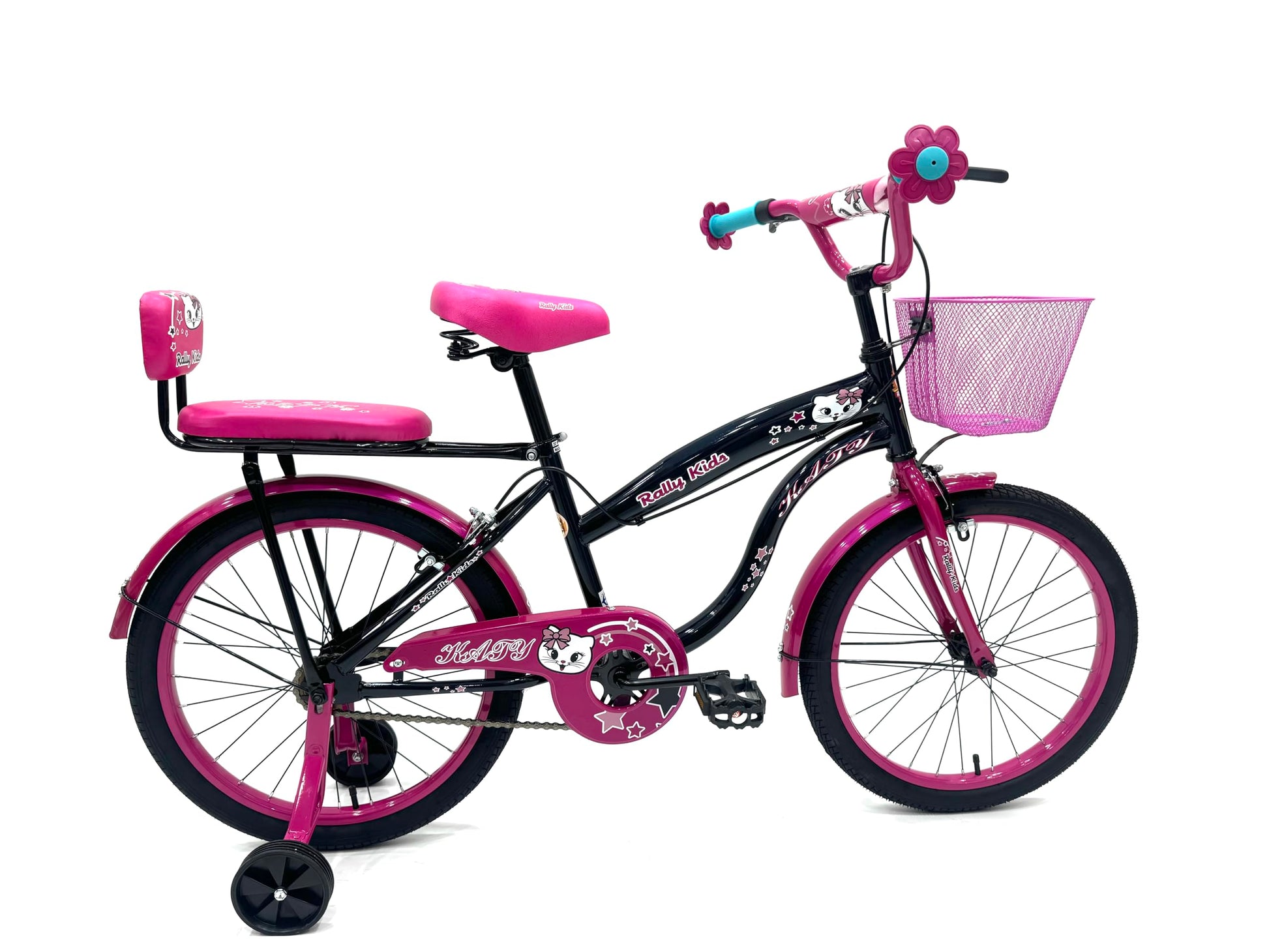 RALLY BICYCLE, Kids bike for girls, for 6-10 years old with training wheels, Chain cover, Basket, Rear seat