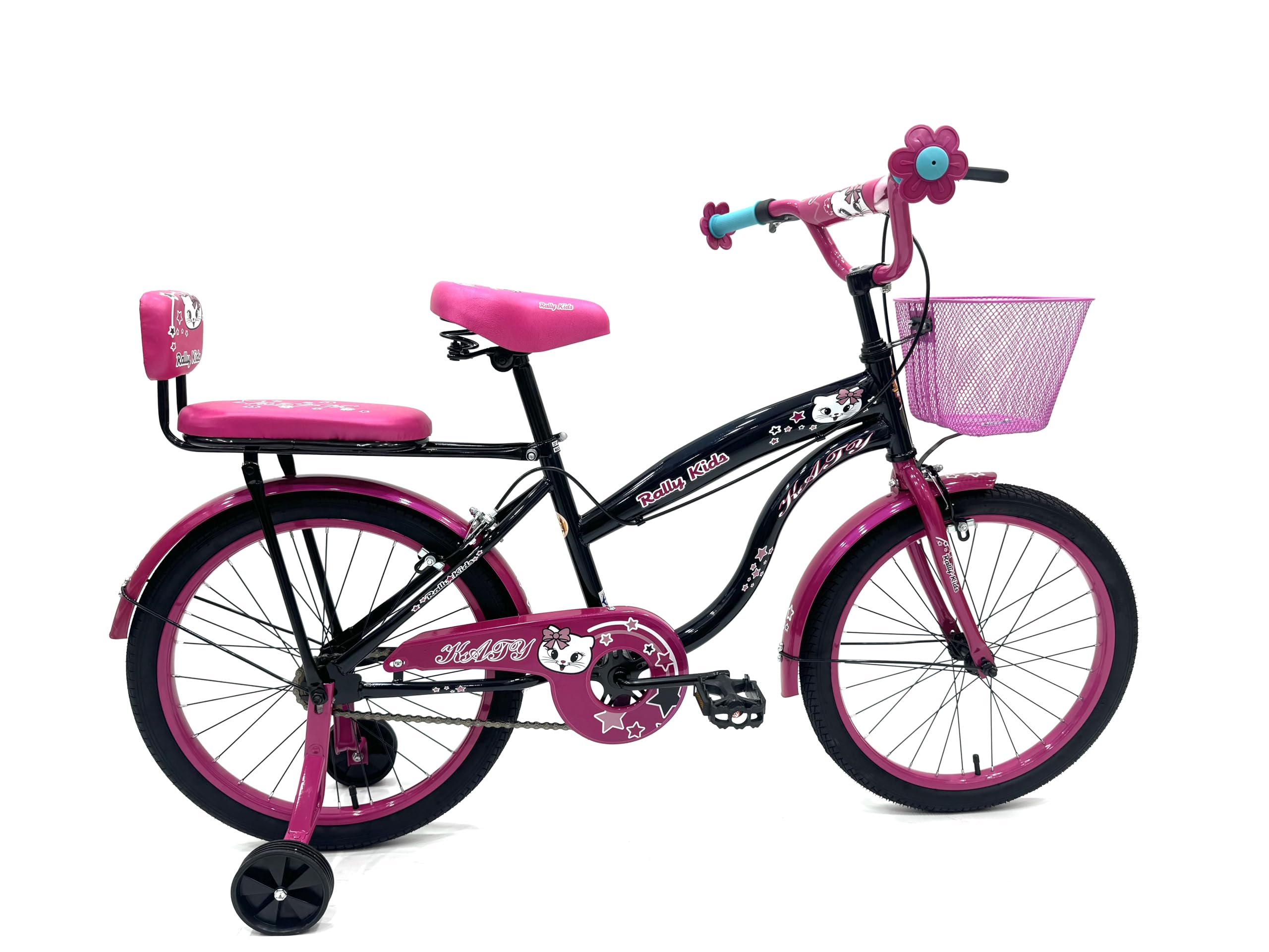 RALLY BICYCLE, Kids bike for girls, for 6-10 years old with training wheels, Chain cover, Basket, Rear seat