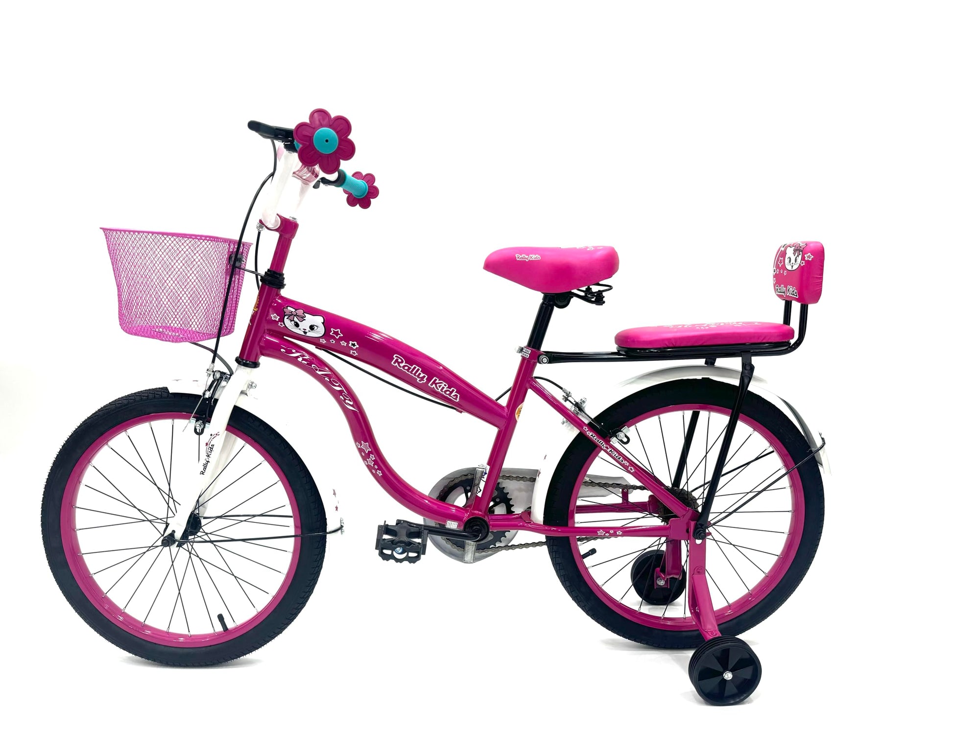 RALLY BICYCLE, Kids bike for girls, for 6-10 years old with training wheels, Chain cover, Basket, Rear seat