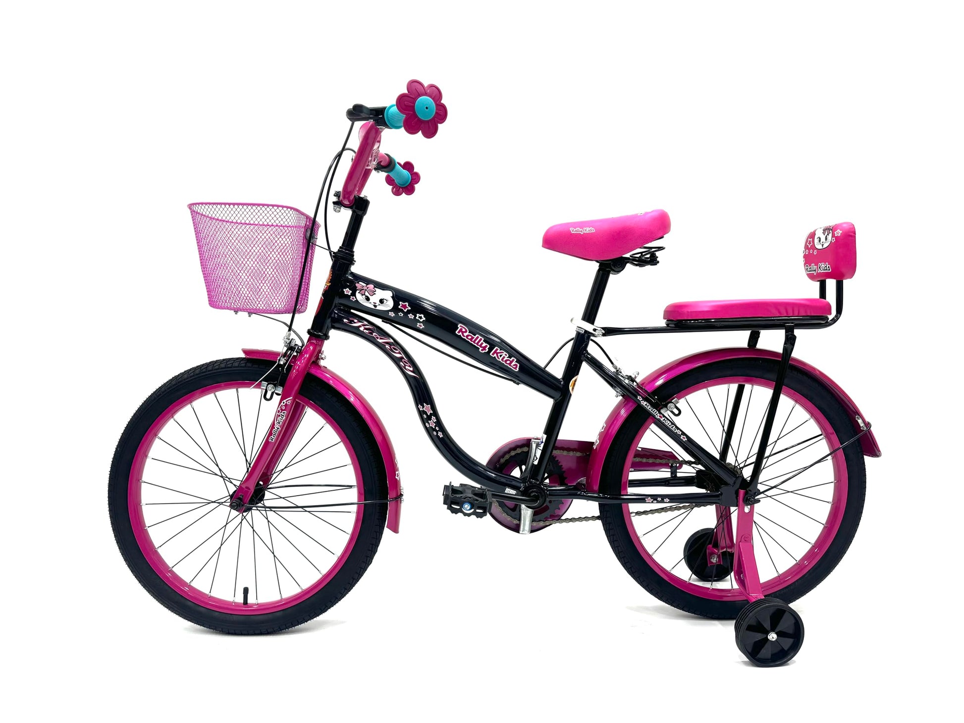 RALLY BICYCLE, Kids bike for girls, for 6-10 years old with training wheels, Chain cover, Basket, Rear seat