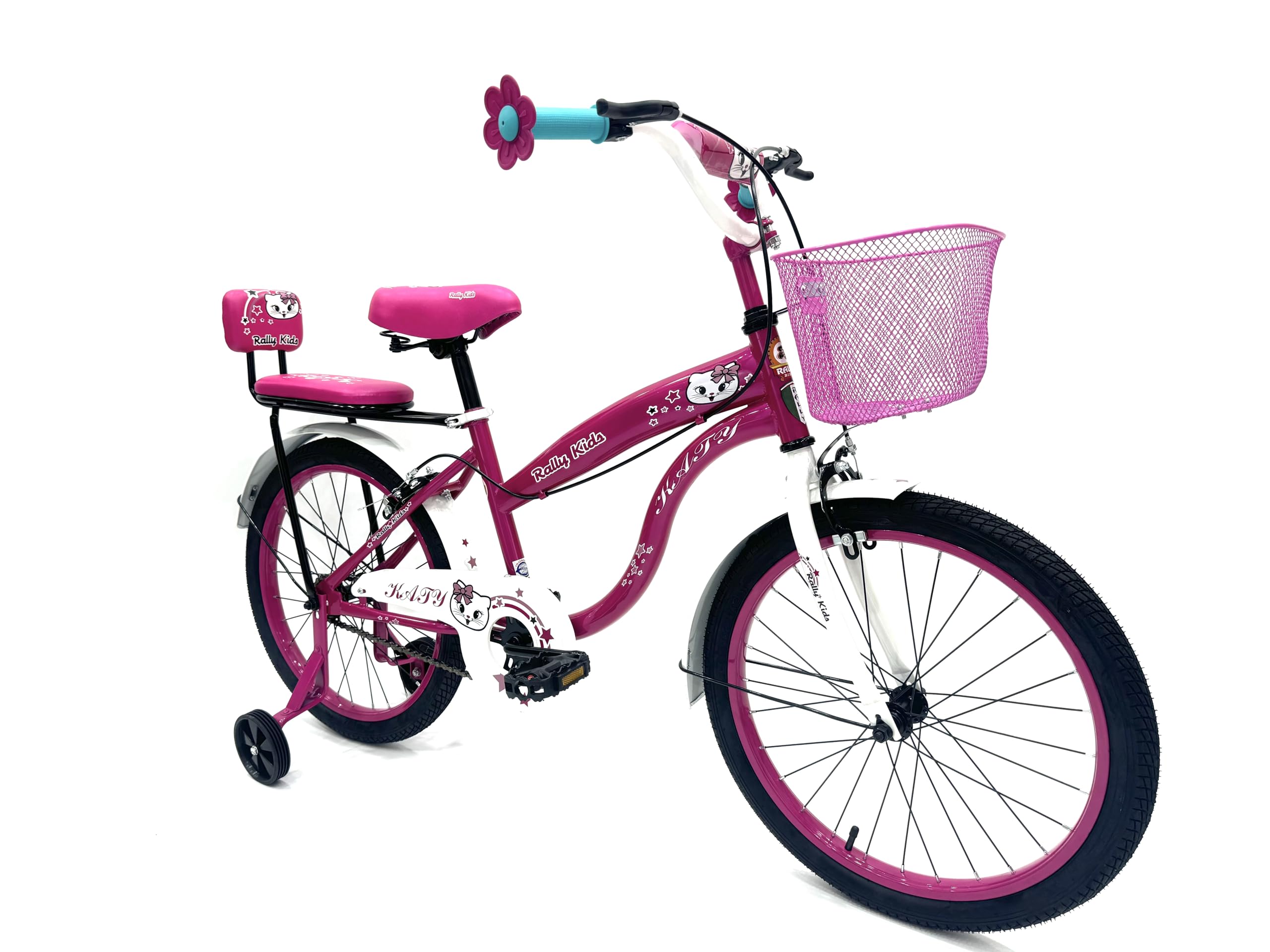 RALLY BICYCLE, Kids bike for girls, for 6-10 years old with training wheels, Chain cover, Basket, Rear seat