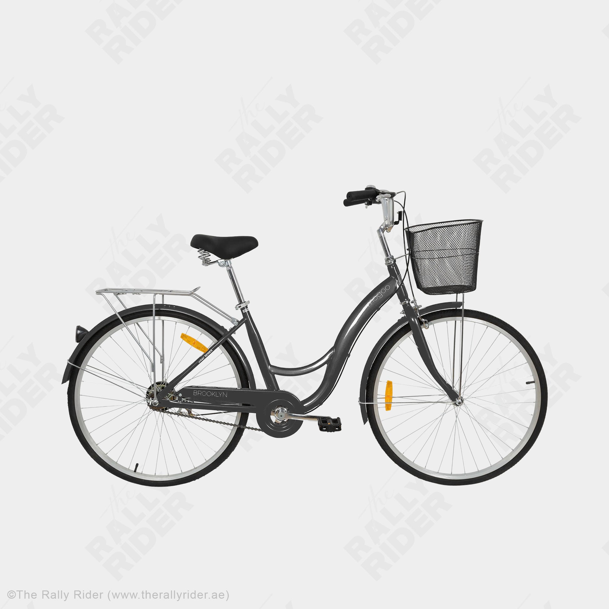 Mogoo Brooklyn single-speed urban city bike in grey with steel mesh basket, step-through frame, and chrome rear carrier