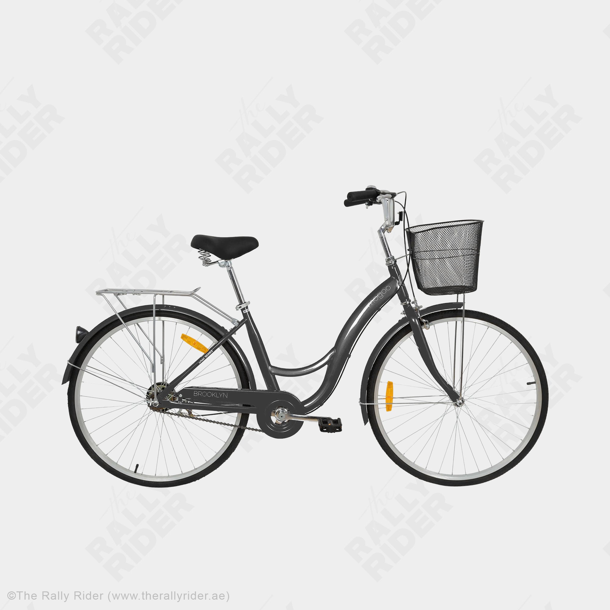 Mogoo Brooklyn single-speed urban city bike in grey with steel mesh basket, step-through frame, and chrome rear carrier