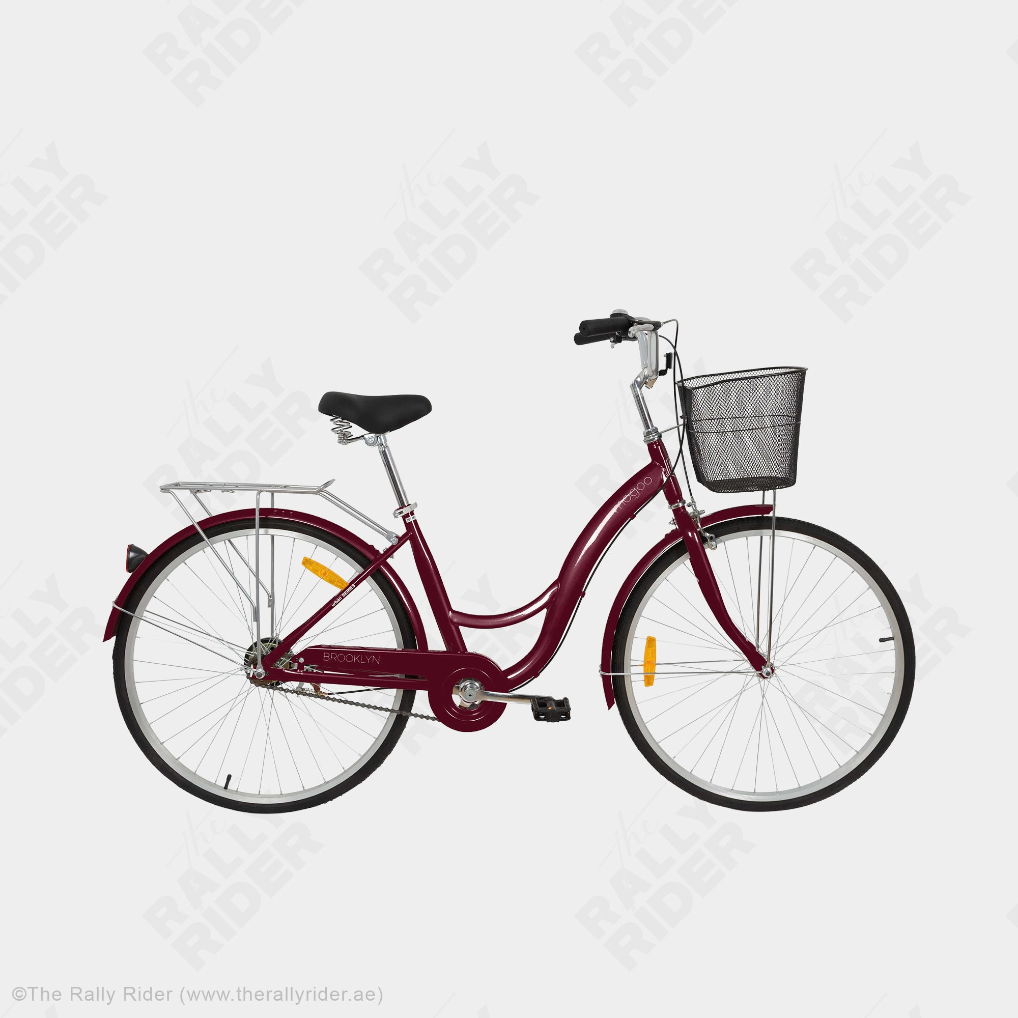 Mogoo Brooklyn single-speed city bike in red with step-through steel frame, kickstand, and rear carrier