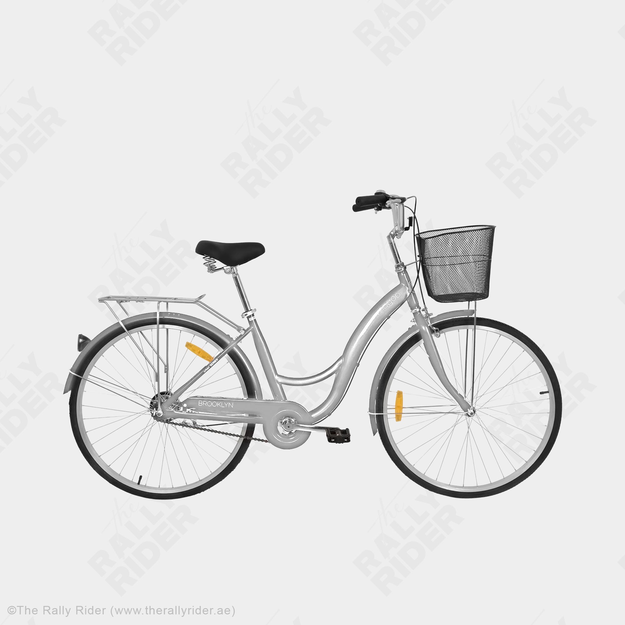 Mogoo Brooklyn step-through cruiser bike in silver with alloy handlebars, rear carrier, and anti-skid tyres