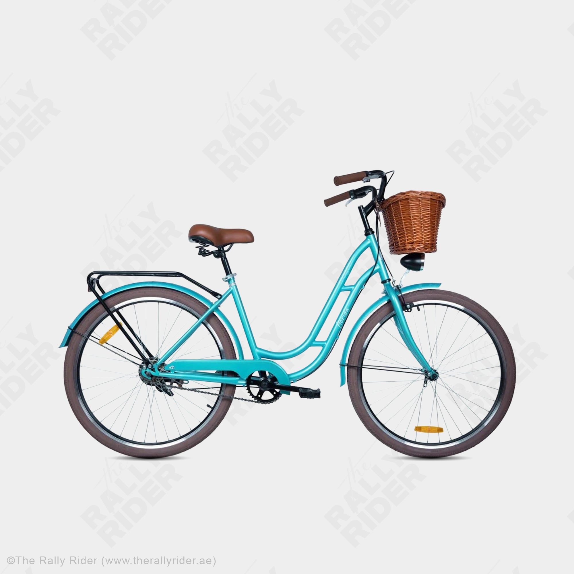 Mogoo Florida city bike in mint green with wicker basket, raised handlebars, and full chain guard