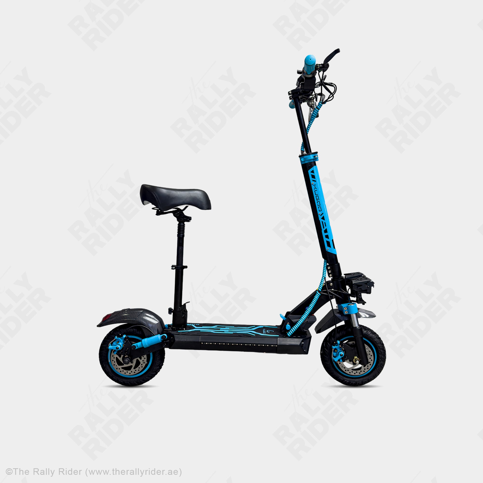 Kugoo D11 Pro off-road electric scooter in black with blue accents, side view with seat - The Rally Rider Dubai