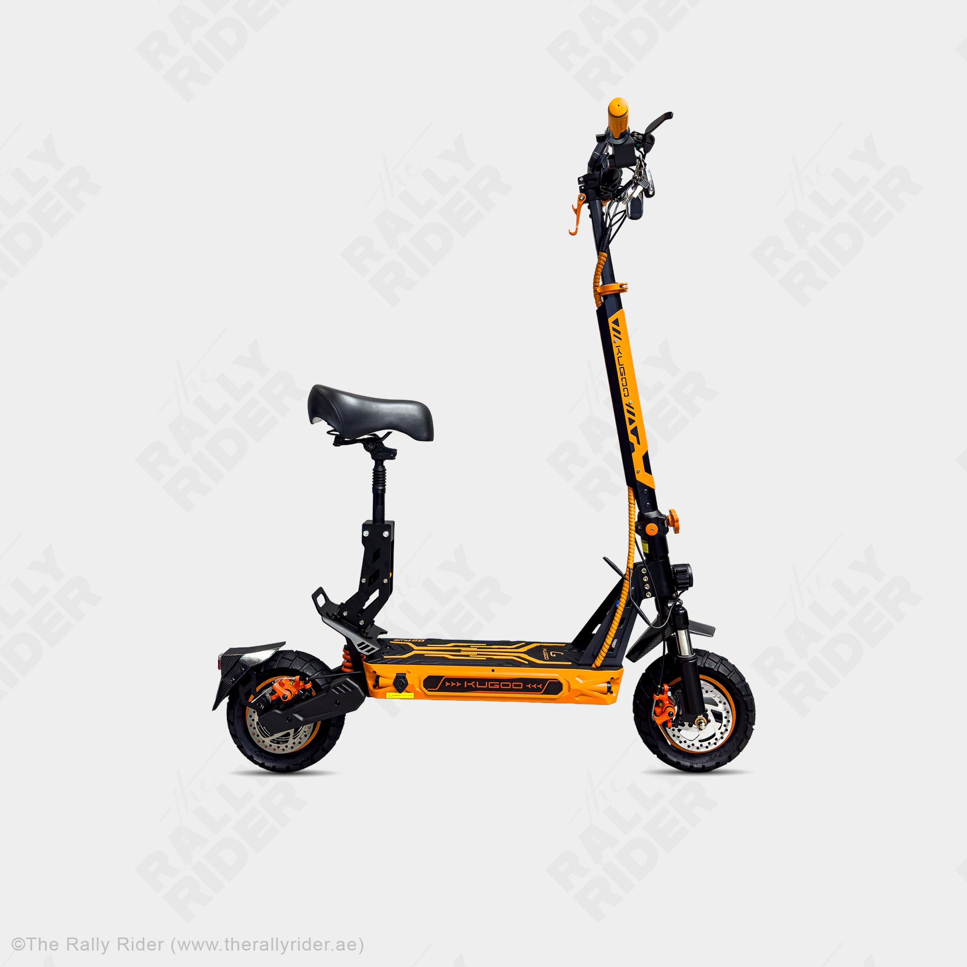 Kugoo G2 Plus lightweight electric scooter in black with orange accents, side view with seat - The Rally Rider Dubai