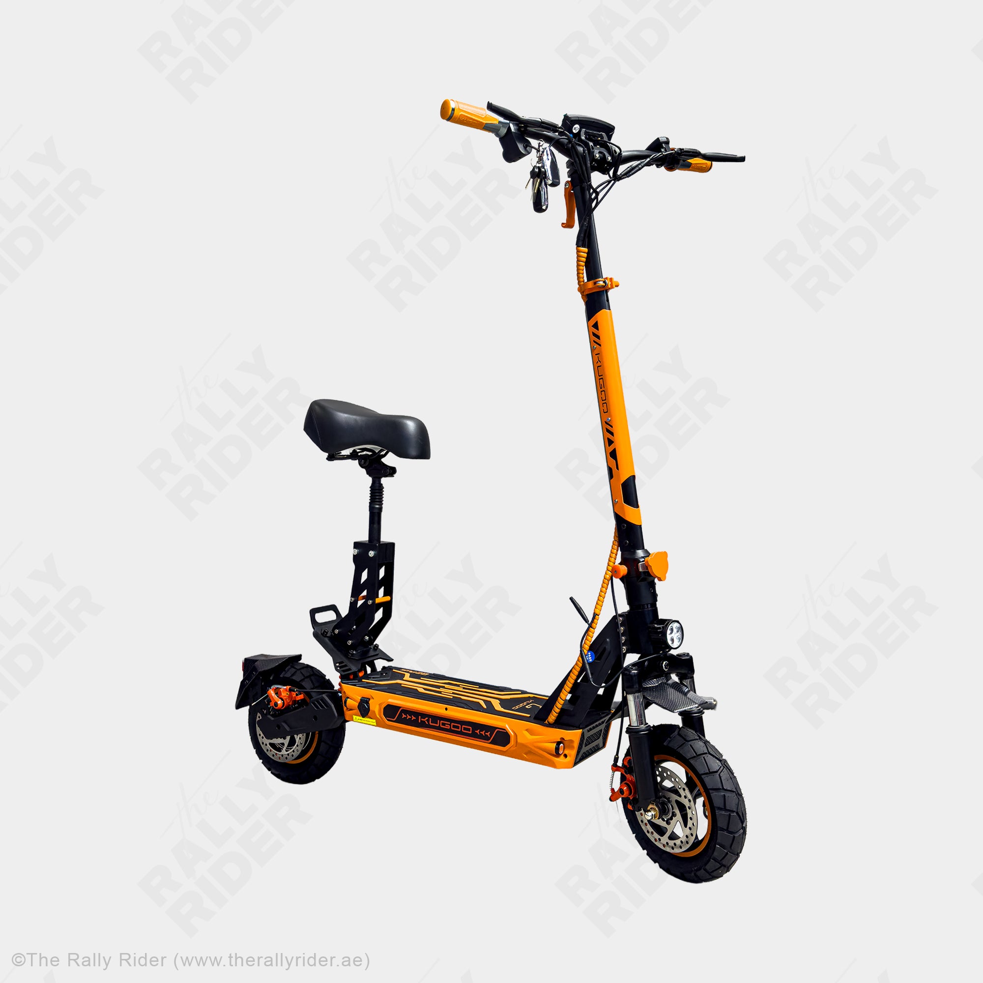 Kugoo G2 Plus off-road electric scooter front three-quarter angle with chunky knobby tyres