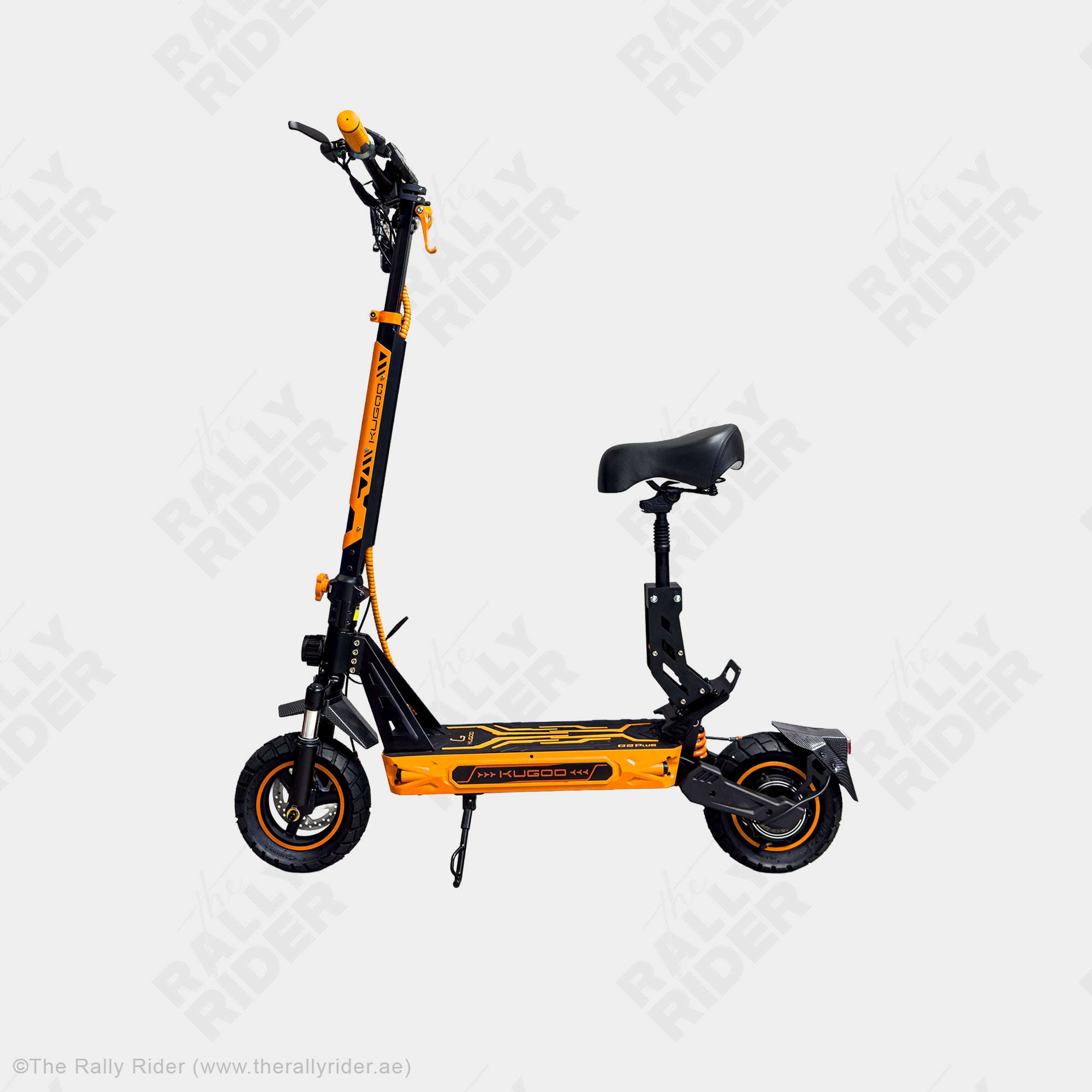 Kugoo G2 Plus foldable electric scooter side profile showing full suspension - The Rally Rider