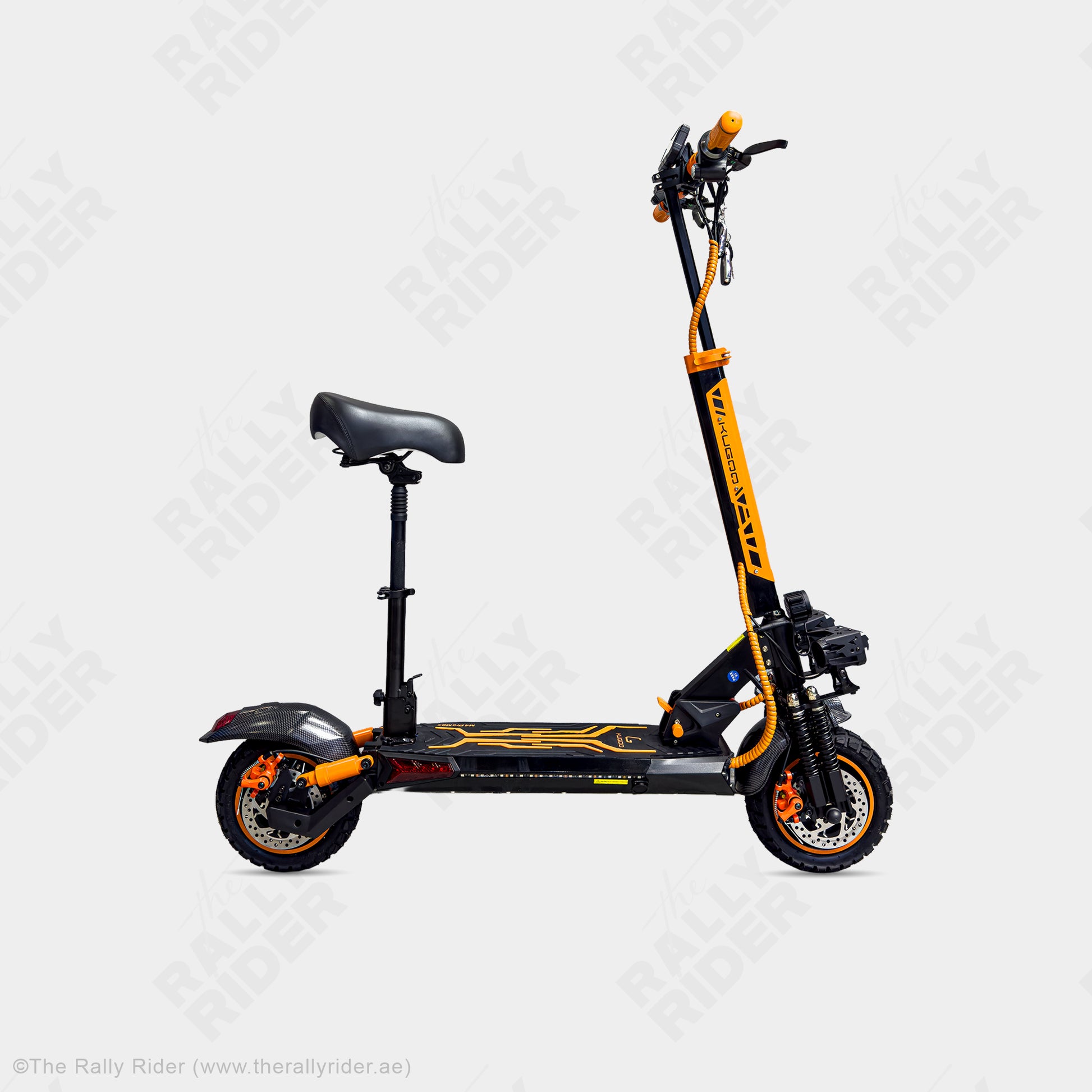 Kugoo M4 Pro Max dual-motor electric scooter in black with orange accents, side view with seat - The Rally Rider Dubai