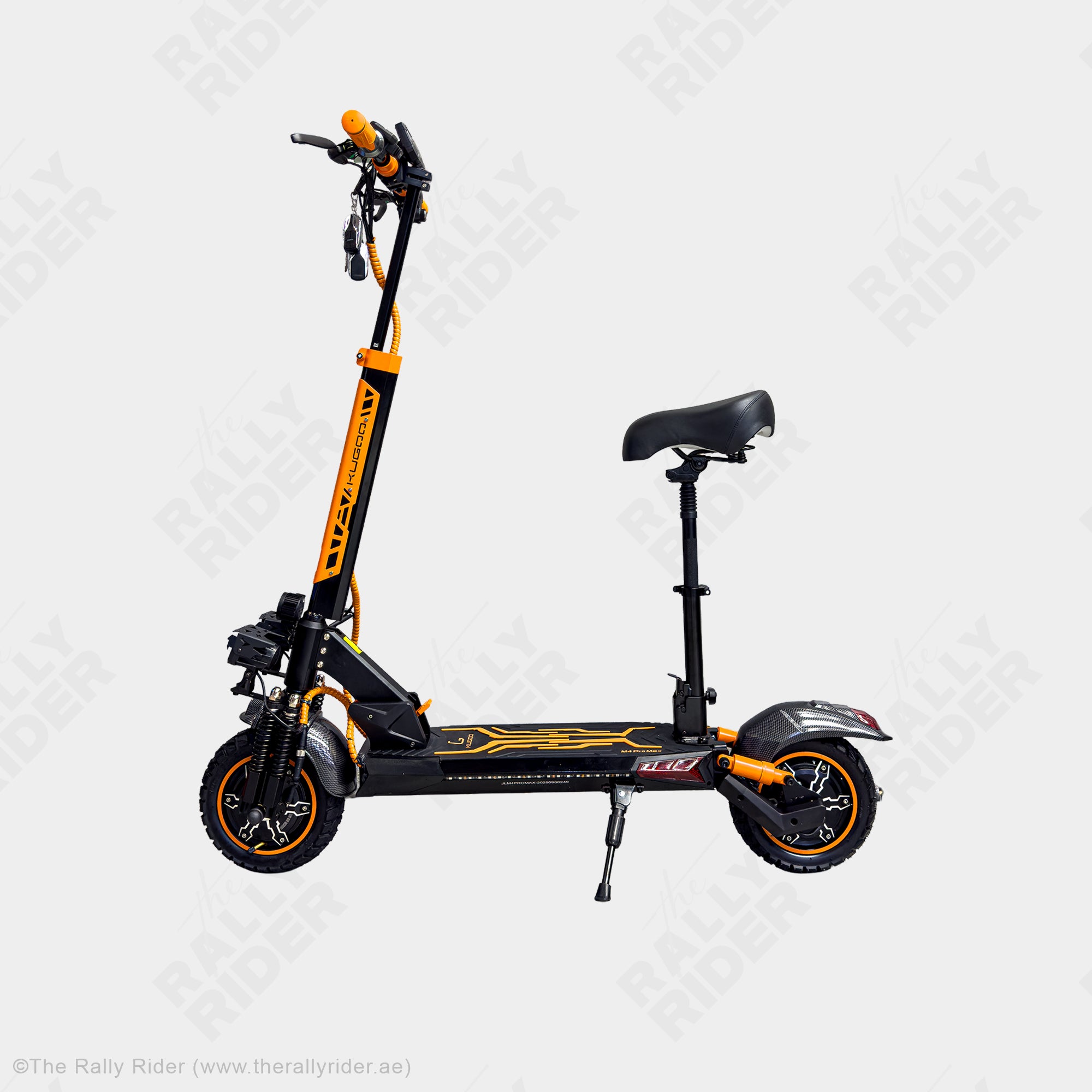Kugoo M4 Pro Max foldable electric scooter side profile with front and rear hydraulic suspension - The Rally Rider