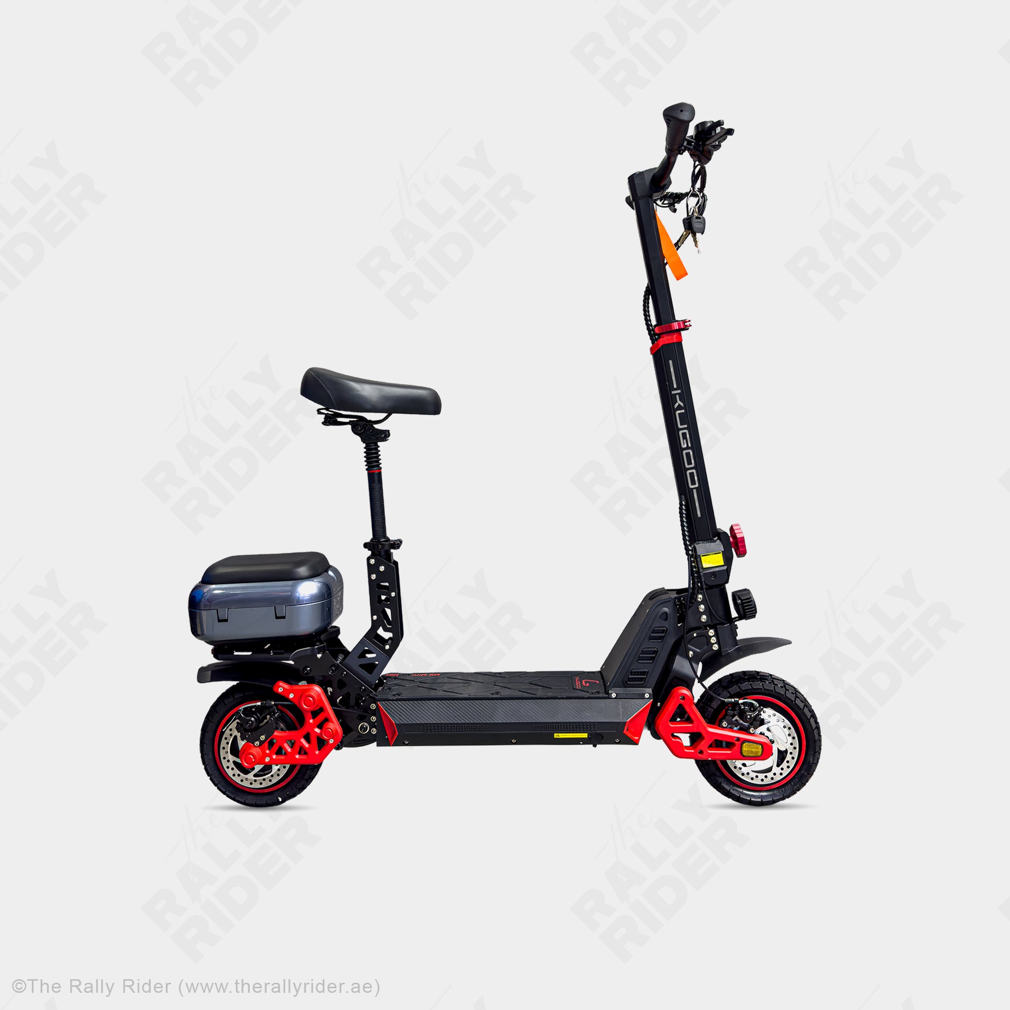 Kugoo M5 Mini Max compact electric scooter in black with red accents, side view with seat and storage box - The Rally Rider Dubai
