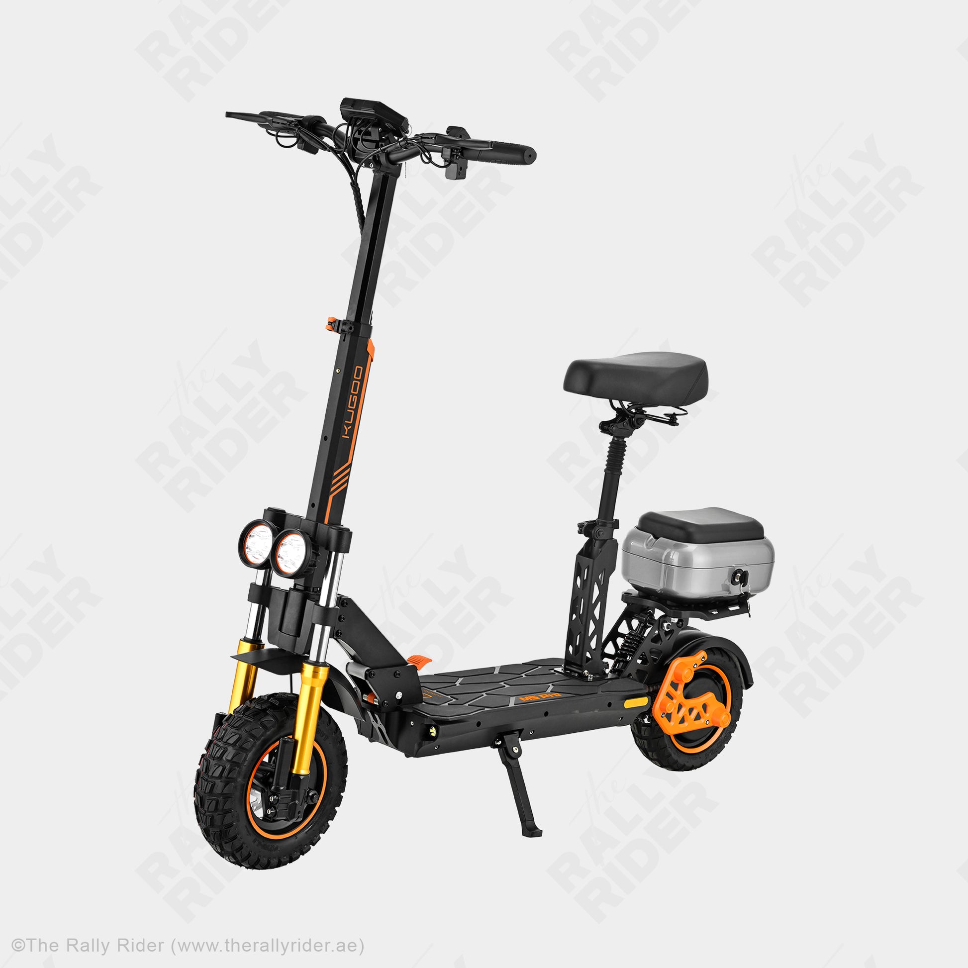 Kugoo M5 Pro 1200W electric scooter rear angle with chunky off-road knobby tyres and rear disc brake