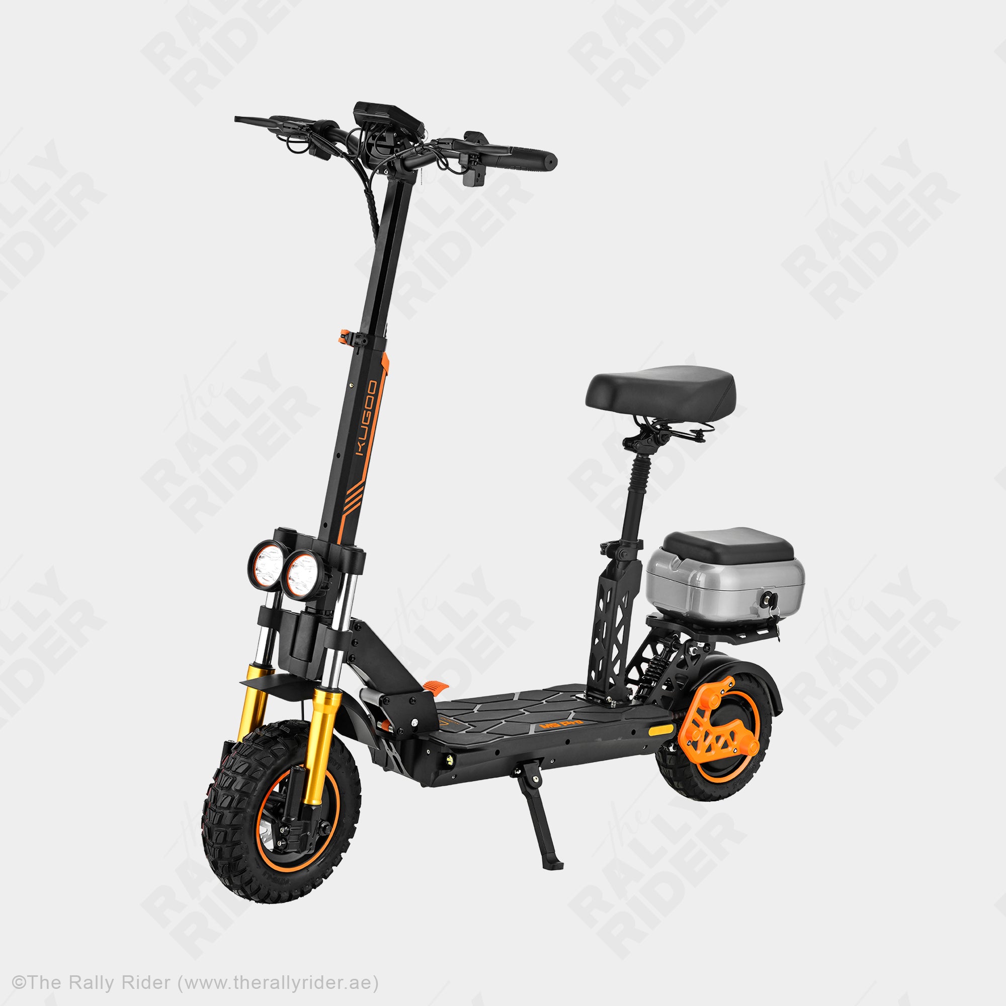 Kugoo M5 Pro 1200W electric scooter rear angle with chunky off-road knobby tyres and rear disc brake