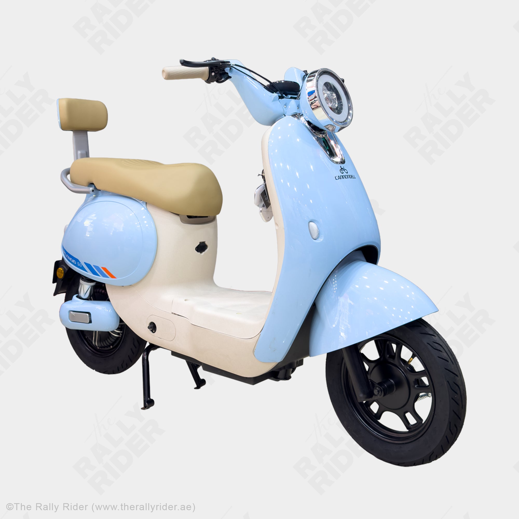 Cannondell Splendid 5.0 retro electric ride in pastel blue with chrome headlight and padded backrest