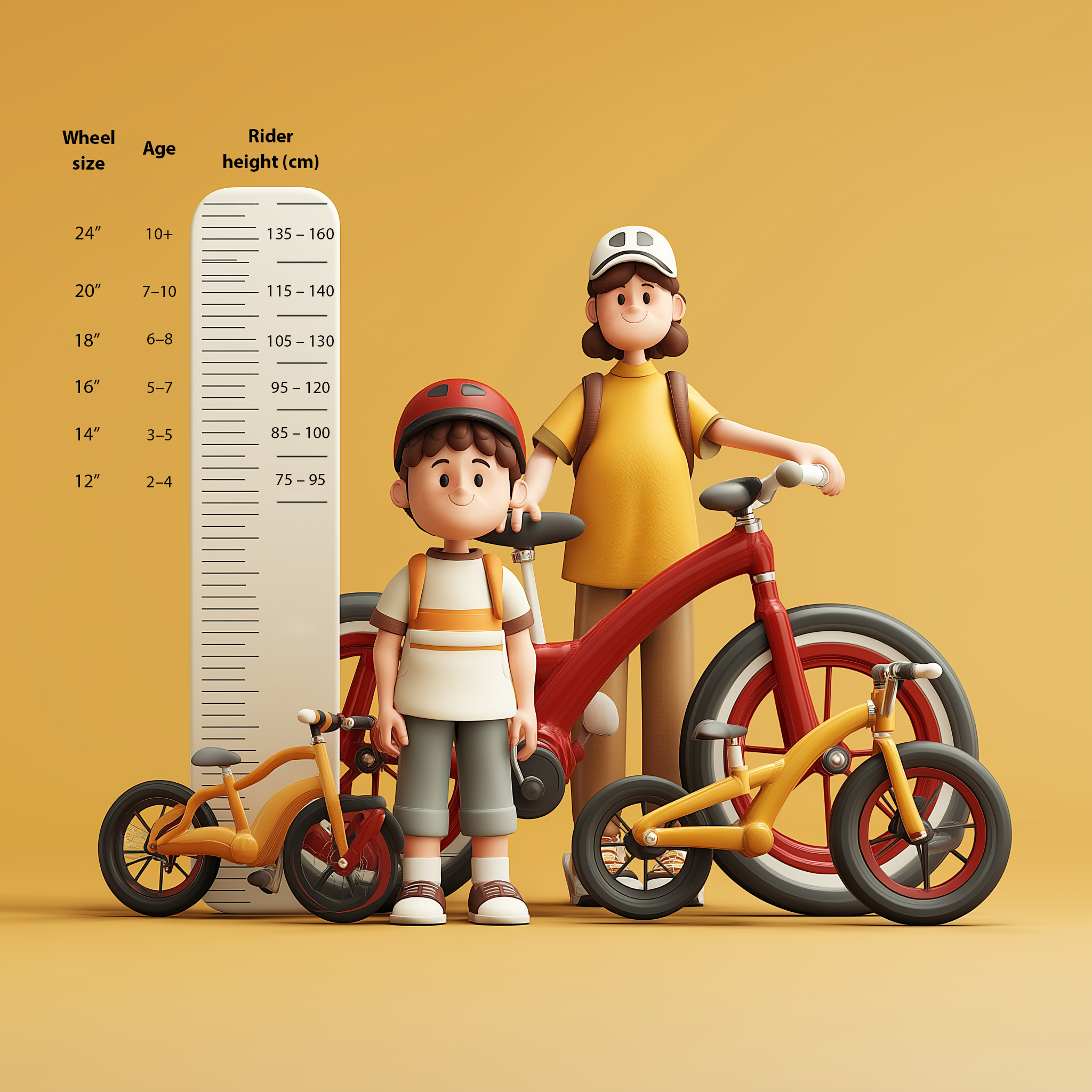 Bike size guide illustration showing bikes and riders increasing in size