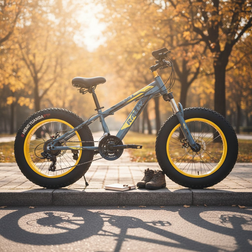 Rally Blue fat-tire bicycle with bright yellow rims parked on a curb in an autumn park, warm backlight and long shadow on the pavement.