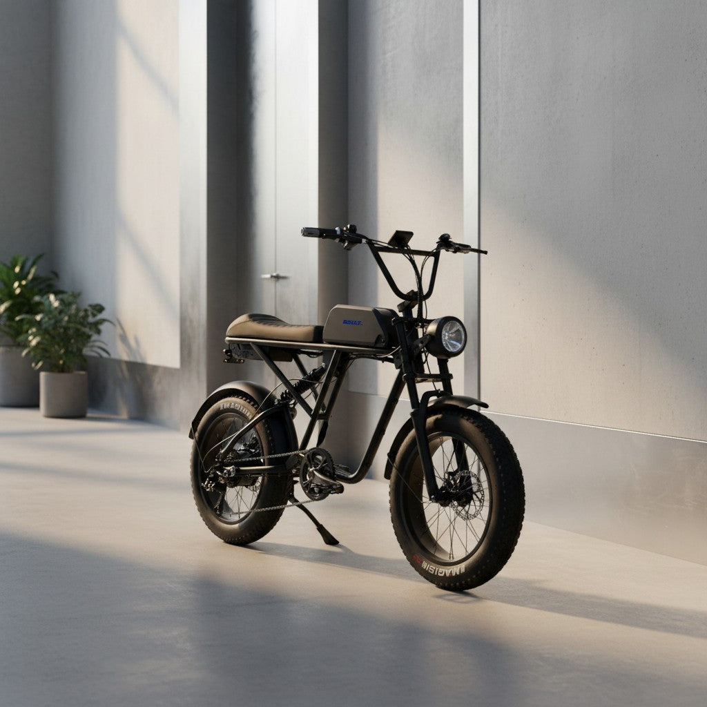 Black fat-tire electric bike with a long bench seat and round headlight parked on a clean concrete floor beside a minimalist modern wall in soft daylight, no people.