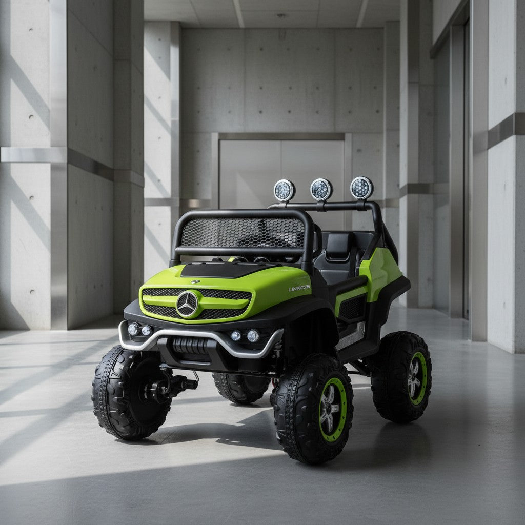 Green kids Unimog Mercedes Benz electric ride-on 4x4 with roll cage and roof lights parked in a modern concrete corridor, no people.