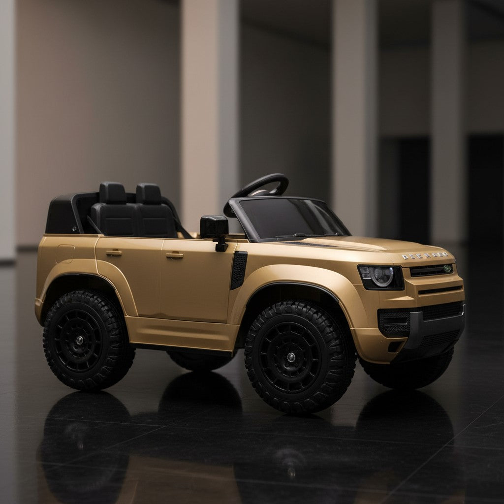 Gold kids electric ride-on SUV convertible with black seats and chunky tires on a glossy floor in a minimalist indoor setting.