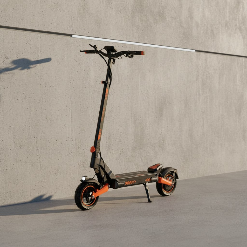 Kugoo F3 Plus electric scooter parked beside a minimalist concrete wall, matte black with orange accents, long clean shadow, no people.