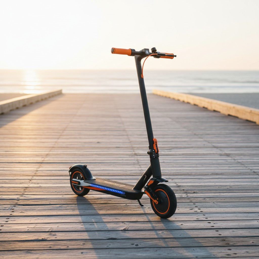 Kugoo Pro 4 electric scooter on a wooden seaside boardwalk at sunrise, black frame with orange grips and blue deck light, ocean in background.