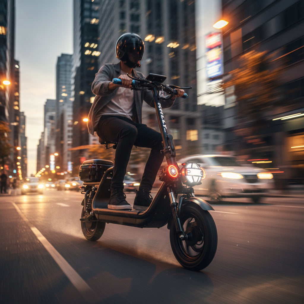 Rally B7 Box Max electric scooter ridden through a city street at dusk with motion blur and headlights on, urban buildings and traffic lights in the background.