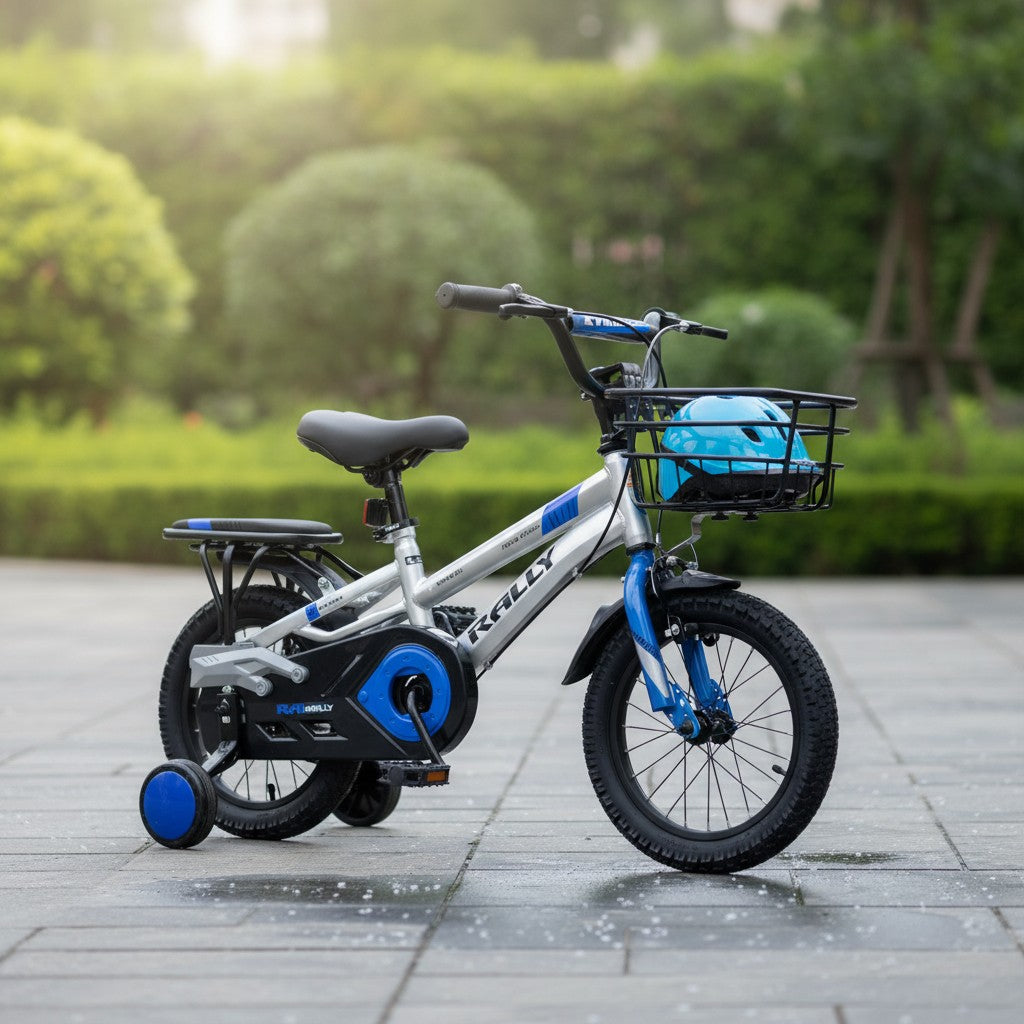 Rally kids bike in blue and silver with training wheels and a front basket holding a helmet, parked on a paved path with greenery behind.