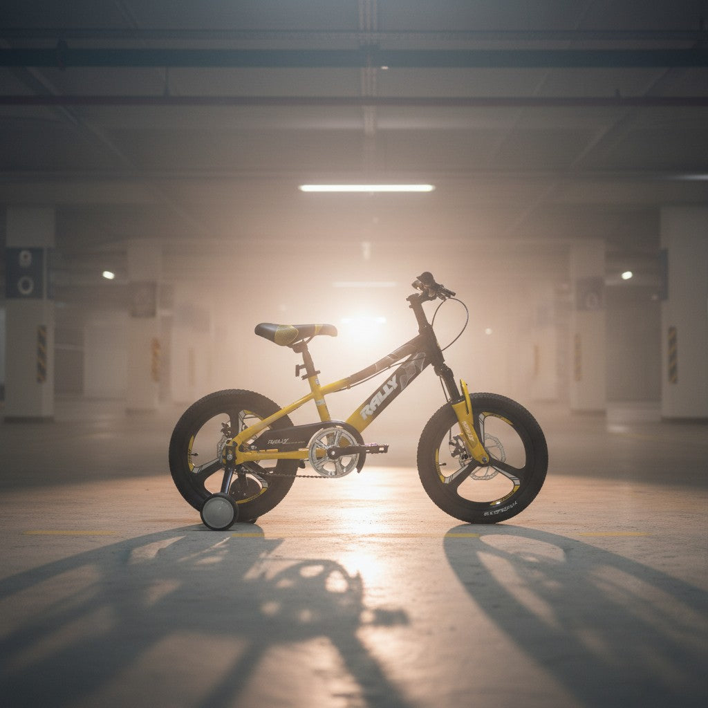 Rally yellow kids bike with training wheels photographed in a softly lit parking garage with a bright backlight and long shadow.