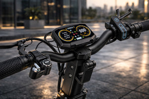 Close-up of a KUGOO electric scooter handlebar and display detail in a modern urban setting in Dubai.