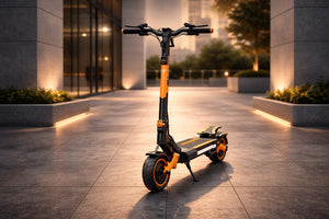 Premium KUGOO electric scooter detail in a modern urban environment, styled to reflect smart mobility in Dubai.