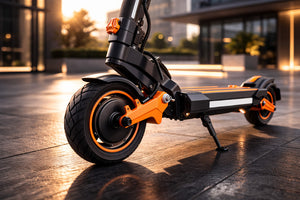 KUGOO electric scooter wheel detail in motion on a smooth urban road, showing a premium city mobility feel.