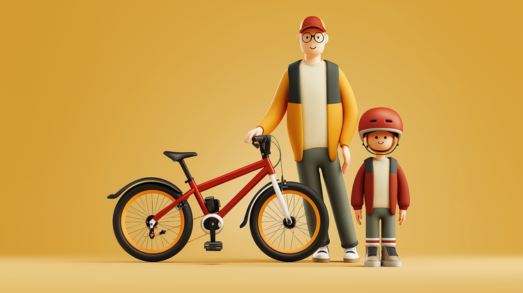 3D illustration of a fully assembled kids’ bike with a happy child and parent, representing The Rally Rider ready-to-ride delivery.