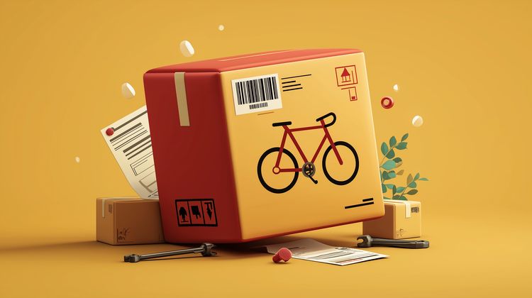 3D illustration of a closed bike box with tools and a manual on the floor, representing a typical online delivery that needs assembly.