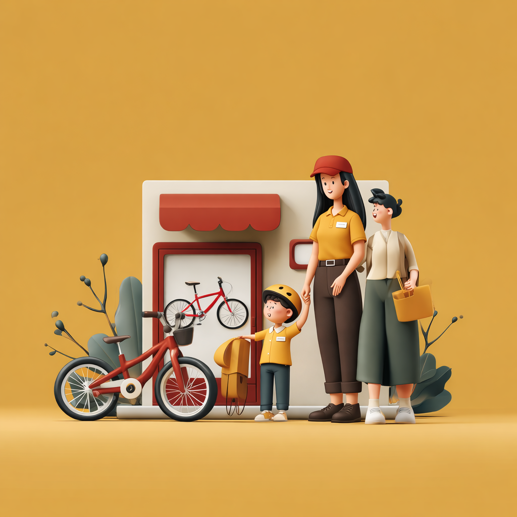 Bike shop staff member helping a child choose a bicycle while a parent stands nearby outside the store, illustrated in a warm 3D style on a yellow background.